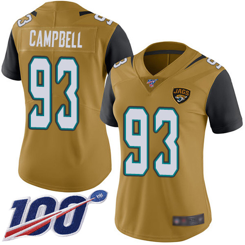 Nike Jacksonville Jaguars #93 Calais Campbell Gold Women Stitched NFL Limited Rush 100th Season Jersey->women nfl jersey->Women Jersey